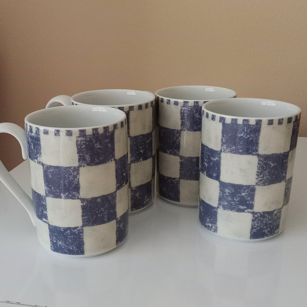 4 Vintage Dansk "CHECKAR BLUE" Pattern 10 oz. Mugs, never used.